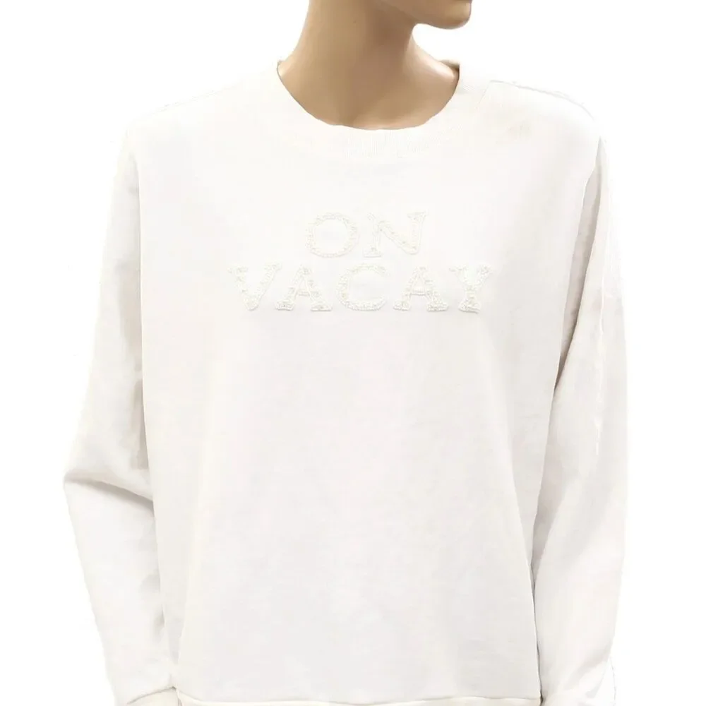 Lilly Pulitzer Long Sleeve Beaded Sweatshirt Top Ribbed White Cotton XL 288316